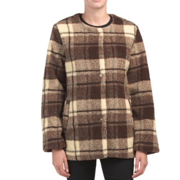Sanctuary Plush Teddy Sherpa Plaid Snap Button Jacket - Picture 1 of 12